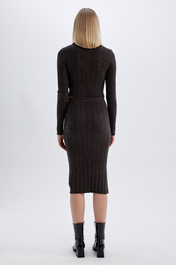 Coool Slim Fit Dar Kesim Basic Düz Yırtmaçlı Triko Midi Etek A2058ax24au - 6