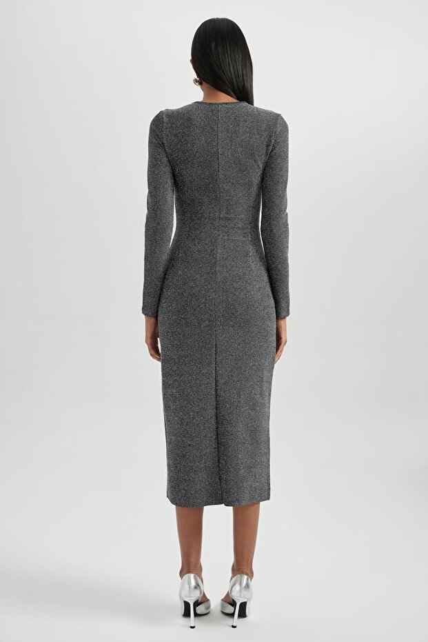 Bodycon Basic Düz Vücudu Saran V Yaka Payetli Kumaş Midi Uzun Kollu Elbise B4699ax23wn - 5