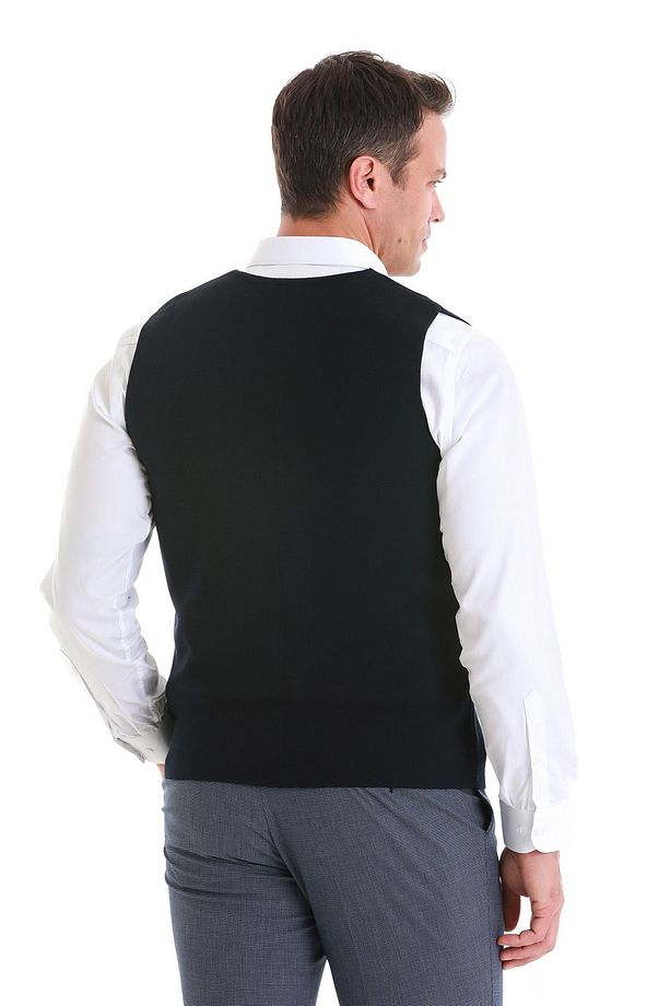 Lacivert Regular Fit Düz Kruvaze Triko Yelek - 5