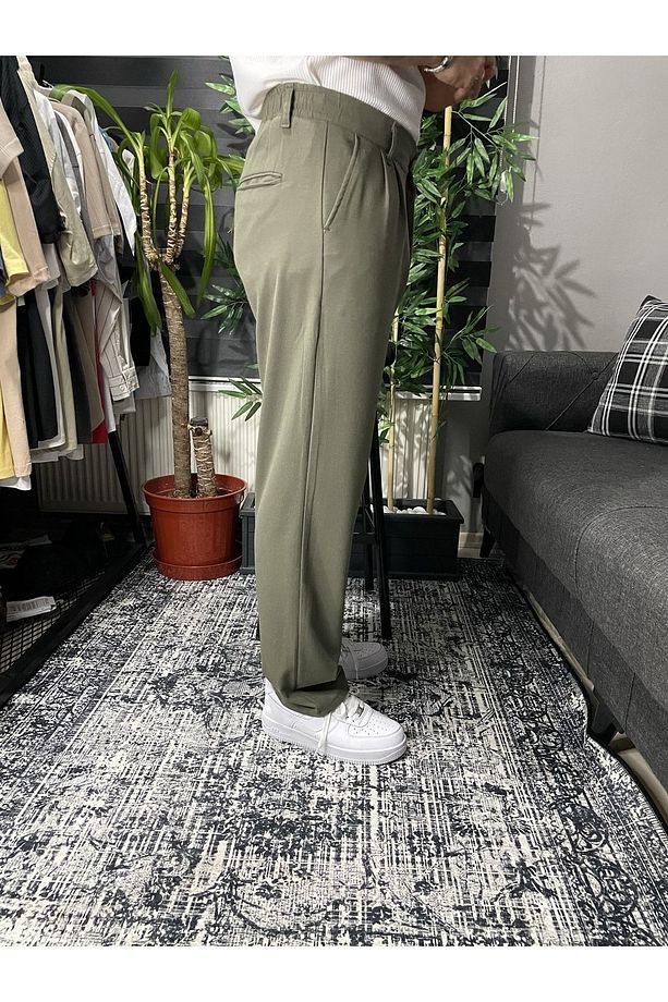 Haki Pileli Baggy Kumaş Pantolon Pl15 - 4
