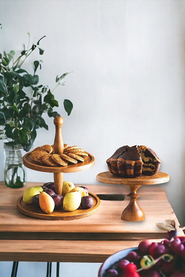 Justwood 2 Tier Cake Stand and 25/14 cm Mummy Wooden Cake Presentation Set