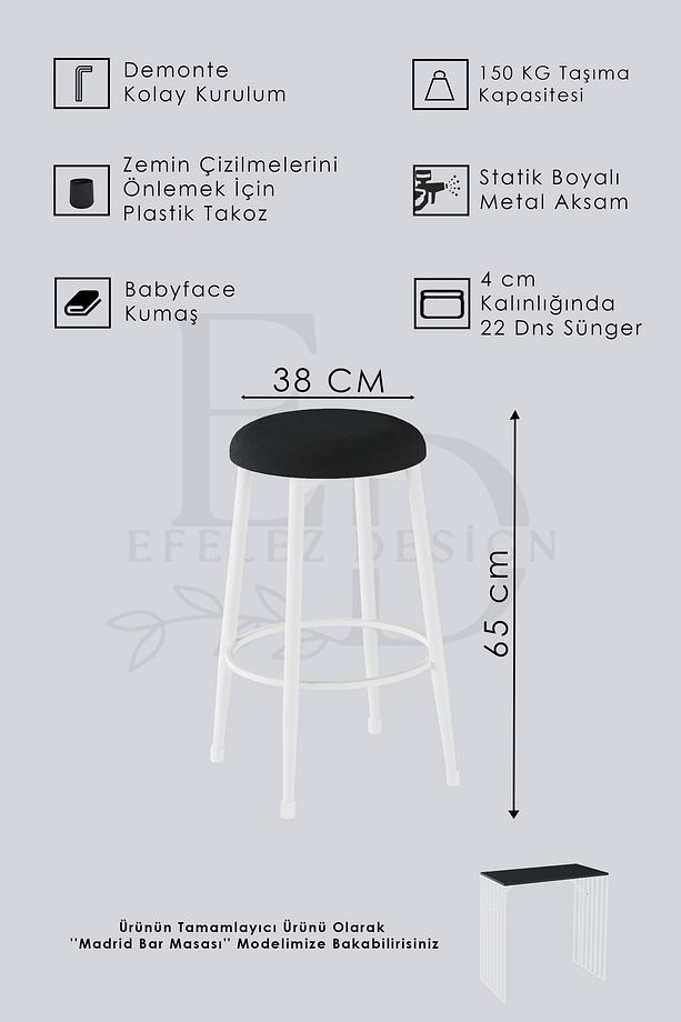 Prag Bar Taburesi , Mutfak Taburesi, Balkon, Bahçe Taburesi, Sandalyesi Krem Kumaş - 3