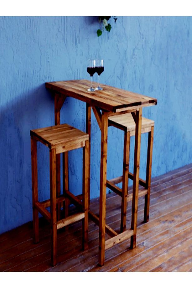 Ahşap Bar Masası Takım Masa 2 Adet Tabure, 90x45x100 Cm - 5