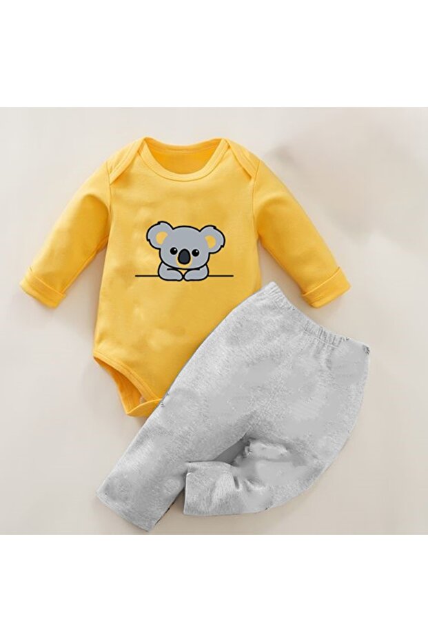 Set of 2 Yellow and Gray Koala Patterned Baby Bodysuit 100% Cotton