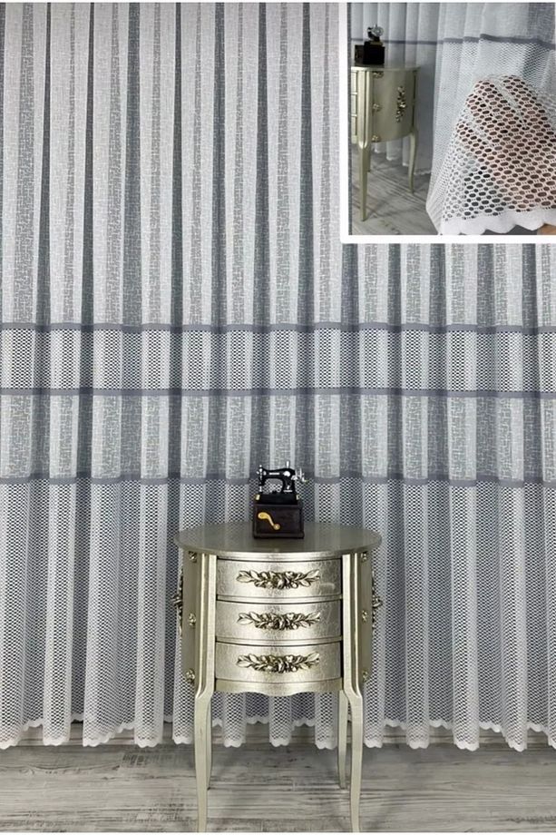 Sık Pileli Gri Şeritli Aplik Örme 1x3 Tül Perde - 3