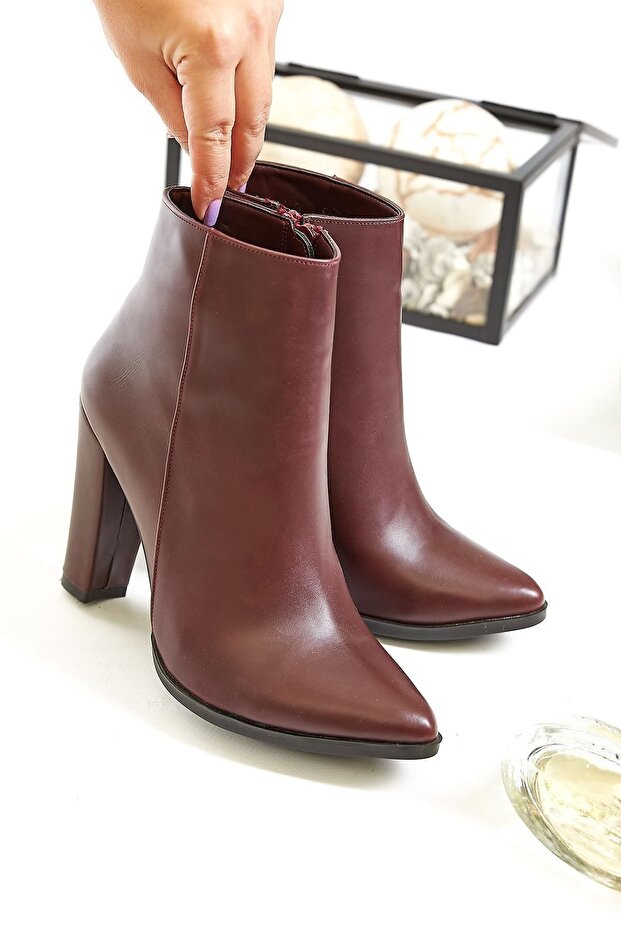 Bordo Deri Topuklu Bot - 5