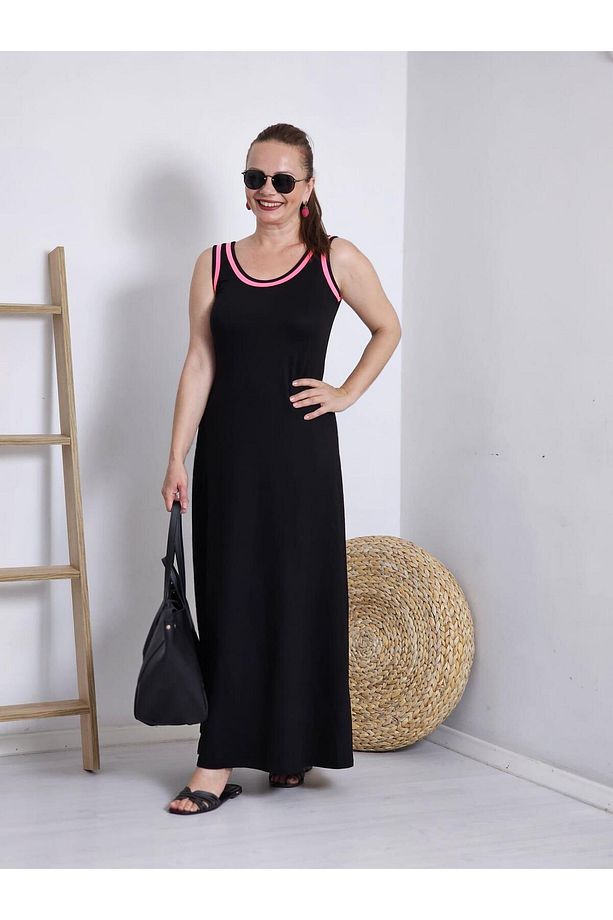 FELİX12325 Neon Pembe Şeritli Kalın Askılı Siyah Elbise - 3