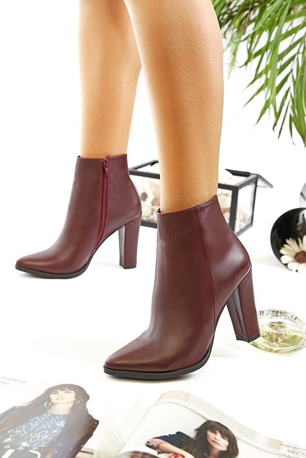 Bordo Deri Topuklu Bot - 1