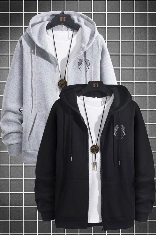 Gothic Wing Dragon's Bone Wing Sweatshirt Zip-Up Cardigan -Grey Oversize Thick Winter Hoodie