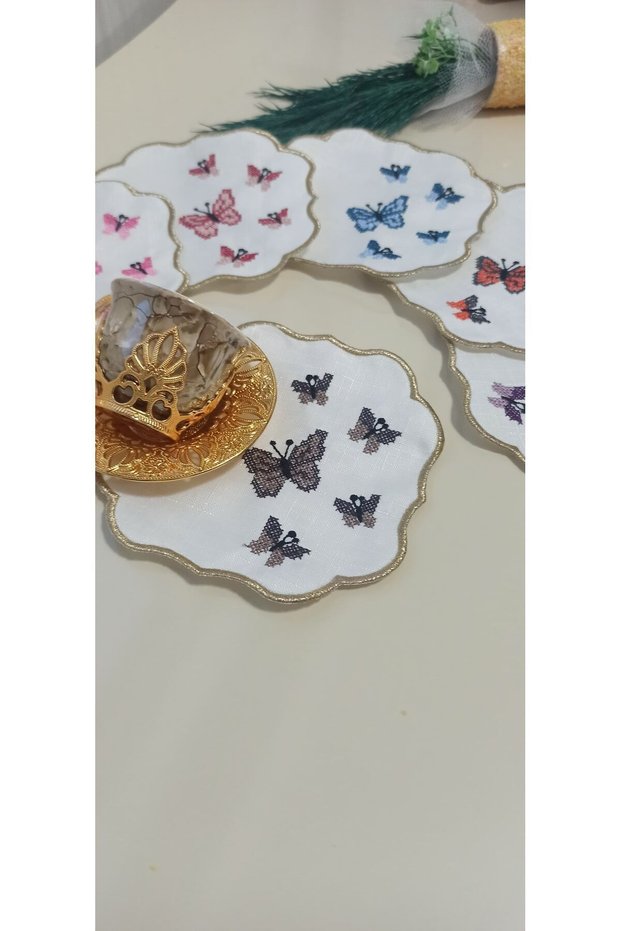 Cocktail Coffee Side Colored Butterfly Patterned Embroidery Presentation Napkin Set of 6