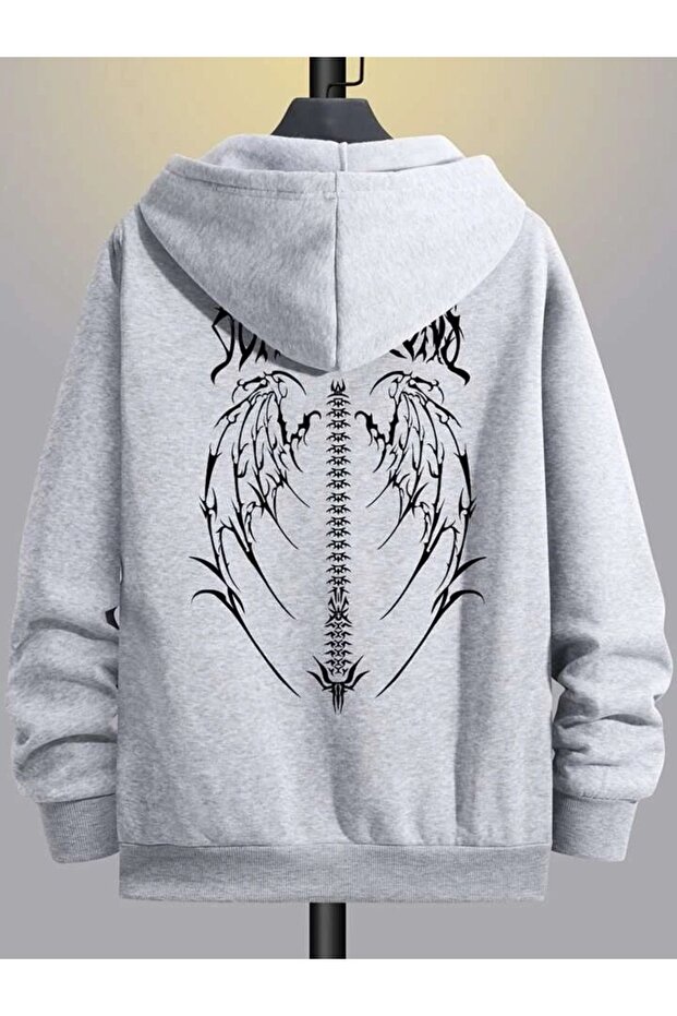 Gothic Wing Dragon's Bone Wing Sweatshirt Zip-Up Cardigan -Grey Oversize Thick Winter Hoodie