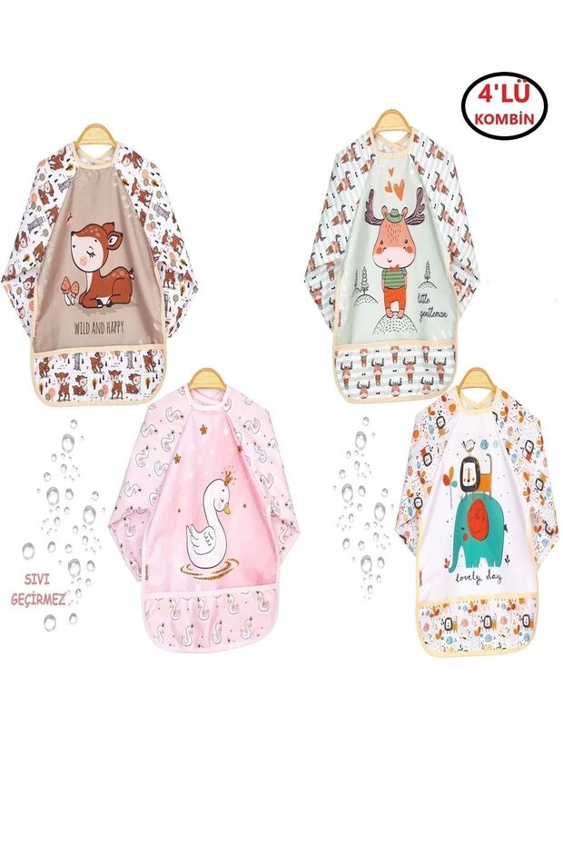 Bebechi 4-Piece Combination Long Sleeve Wearable Liquid-Proof Activity and Baby Bib for 0-3 Years
