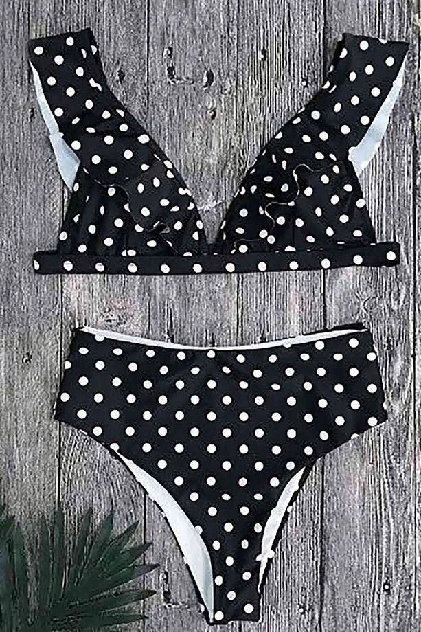 Önü Arkası Fırfırlı Üçgen Kesim Puanlı Desteksiz Kaplı Üst Yüksek Bel Brazilian Alt Bikini Takımı - 5