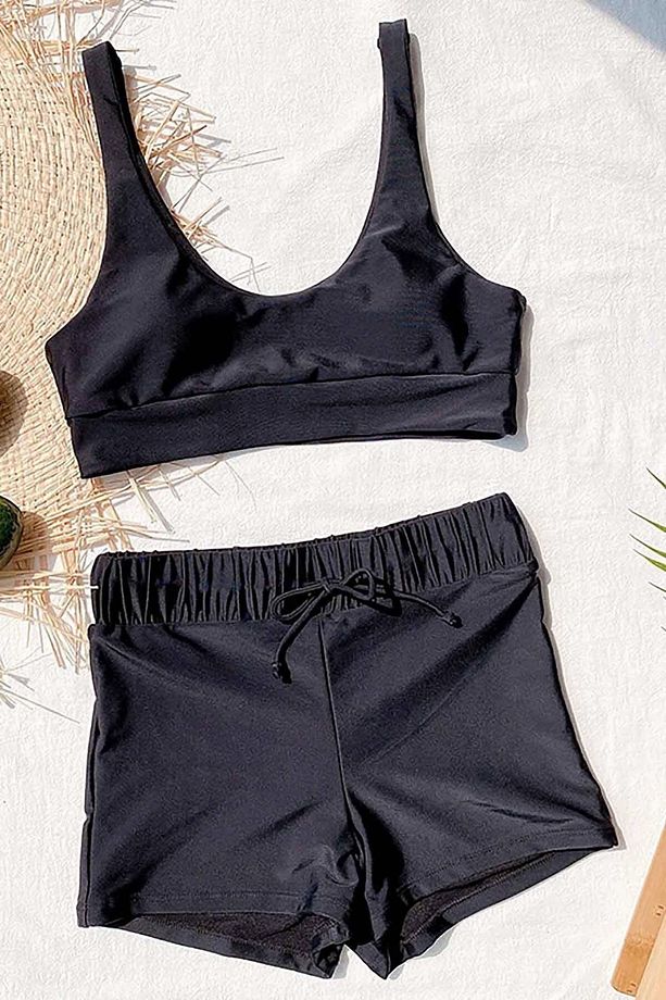 Desteksiz Kaplı Rahat Üst Beli Lastikli Şortlu Konforlu Esnek Cool Bağcıklı Tankini Bikini Takımı - 3