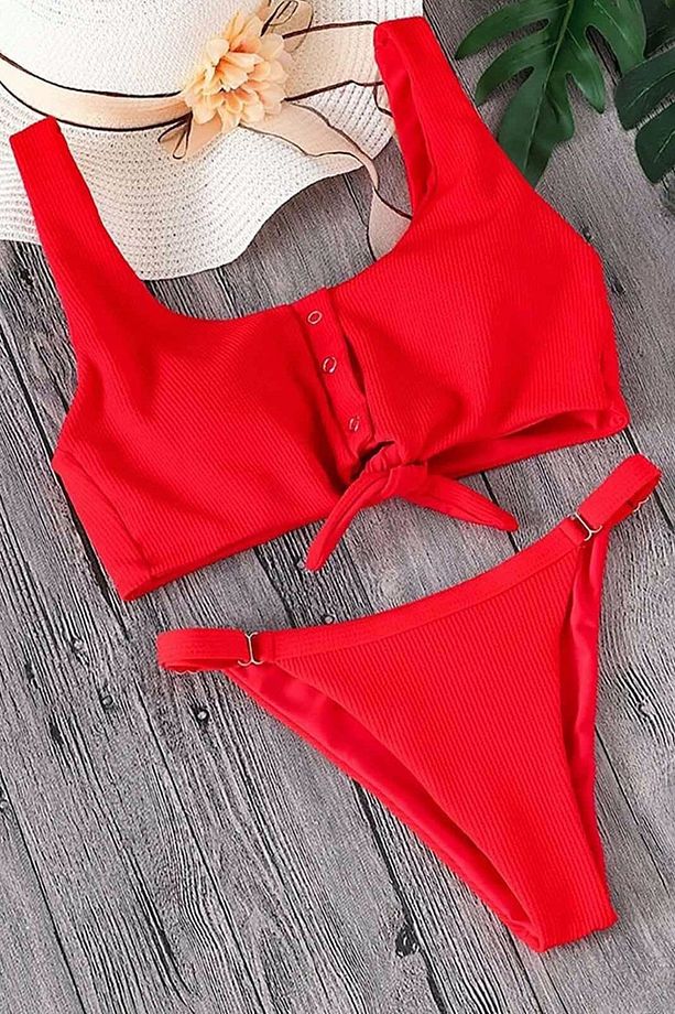 Önü Çıtçıtlı Bağlamalı Askılı Üst Ayarlanabilir Brazilian Kesim Alt Seksi Cool ve Şık Bikini Takımı - 5
