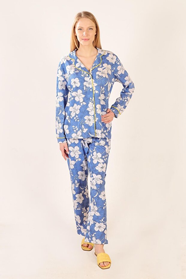 Desenli Pamuklu Örme Pijama Takımı - 1