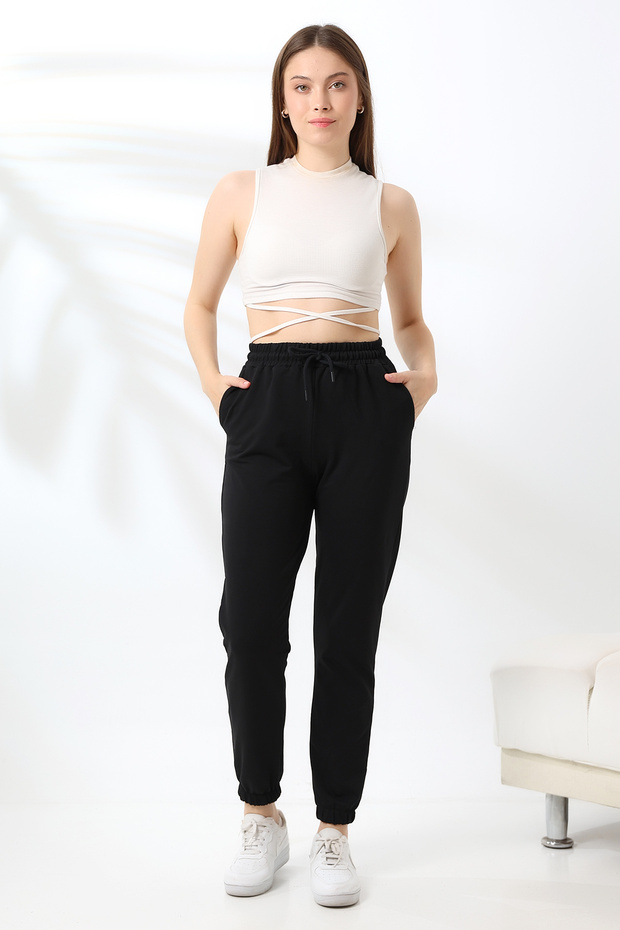 Compact Combed Cotton Lycra Flexible Soft Textured Elastic Cuffed Sweatpants 21633 Black