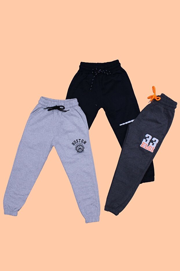 3-Piece Boston-33 Elsi-Line Printed Boys' Double Pocket Grey-Navy-Blue-Anthracite Sweatpants