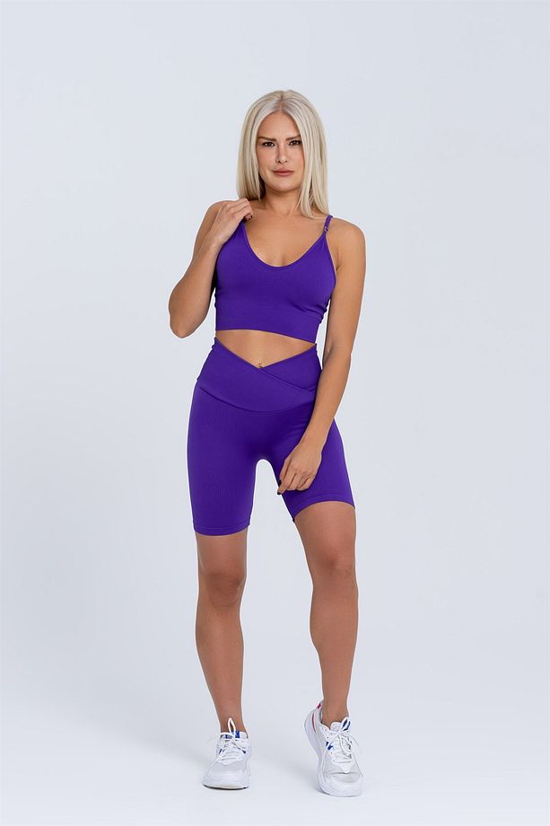 Kadın Spor Şort | Mor | Dikişsiz Spor Şort | Fitilli | Anvelop Model | - 9