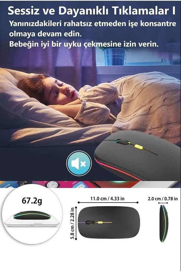 Kablosuz Fare Wireless Mouse 4 Tuşlu Renk Sessiz Şarj Edilebilir Dpı Kontrol - 9