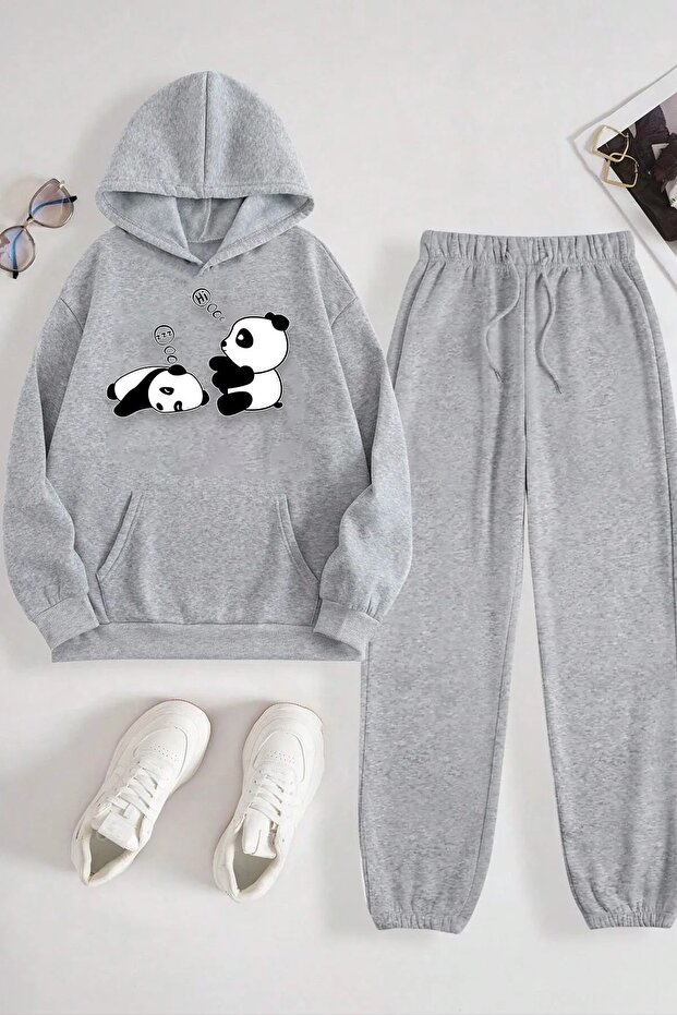 Unisex Panda Printed Tracksuit Set - Hooded Sweatshirt & Jogger Sweatpants