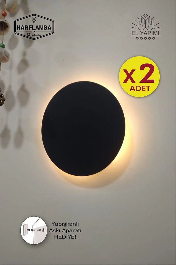 2 Adet Kablosuz Pilli Aplik, 20cm Çap Duvar Aydınlatması, Dekoratif Gece Lambası, - 1