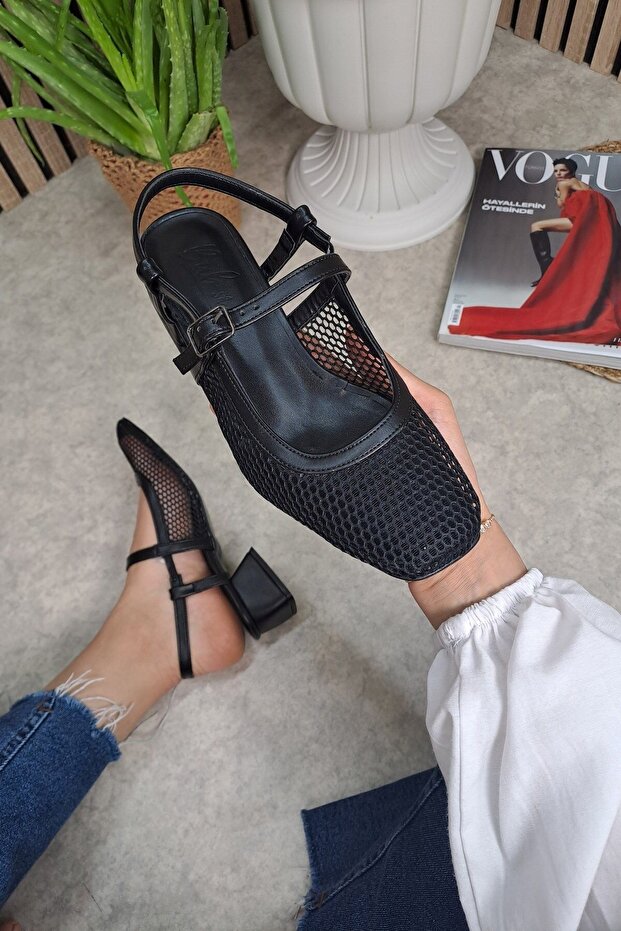 Daily Women's Black Ballerina Flats with Mesh, Blunt Toe, Single Strap, Adjustable Buckle, Serrated Sole 307