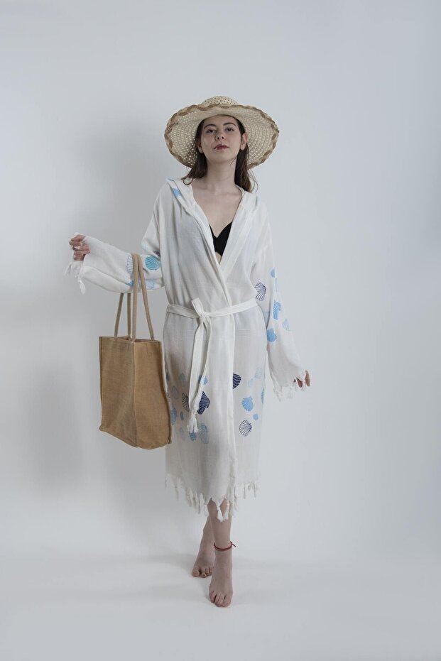 Hooded Long Pareo Belted Beachwear Peshtemal Seashell Patterned Beach Bathrobe 1 Piece