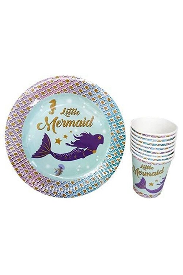 مجموعة أطباق وكؤوس حورية البحر من Mini Party Store