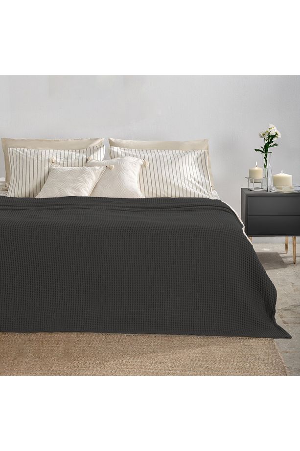 %100 Pamuk Tek Kişilik Yazlık, Ince Pike 155x210 Cm Antrasit - 1