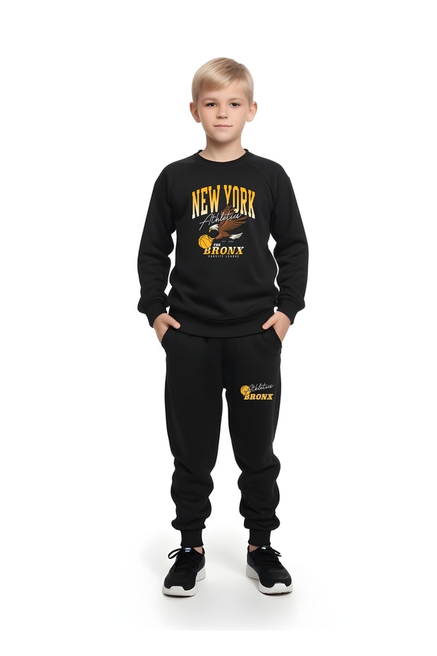 New York Printed Boys Round Neck Double Pocket Black Tracksuit Set