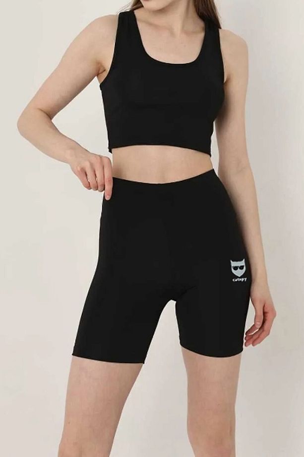 Kadın Siyah Yüksek Bel Toparlayıcı Logo Baskı Detaylı Dalgıç Kumaş Şort + Sporcu Südyeni Set - 3