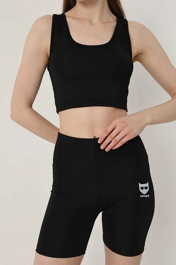 Kadın Siyah Yüksek Bel Toparlayıcı Logo Baskı Detaylı Dalgıç Kumaş Şort + Sporcu Südyeni Set - 4