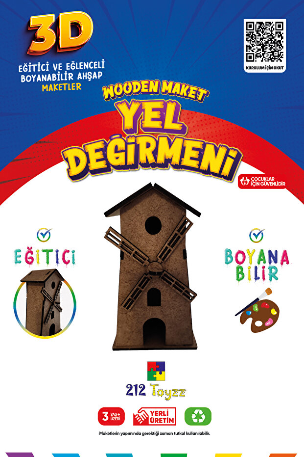 3D Paintable Wooden Windmill Model - Educational Toy for Children
