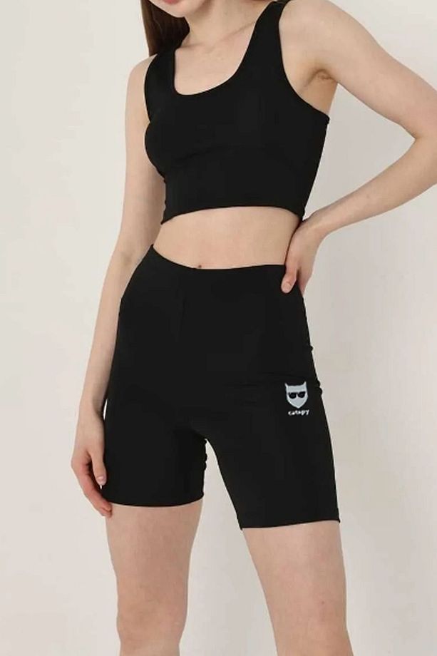 Kadın Siyah Yüksek Bel Toparlayıcı Logo Baskı Detaylı Dalgıç Kumaş Şort + Sporcu Südyeni Set - 7