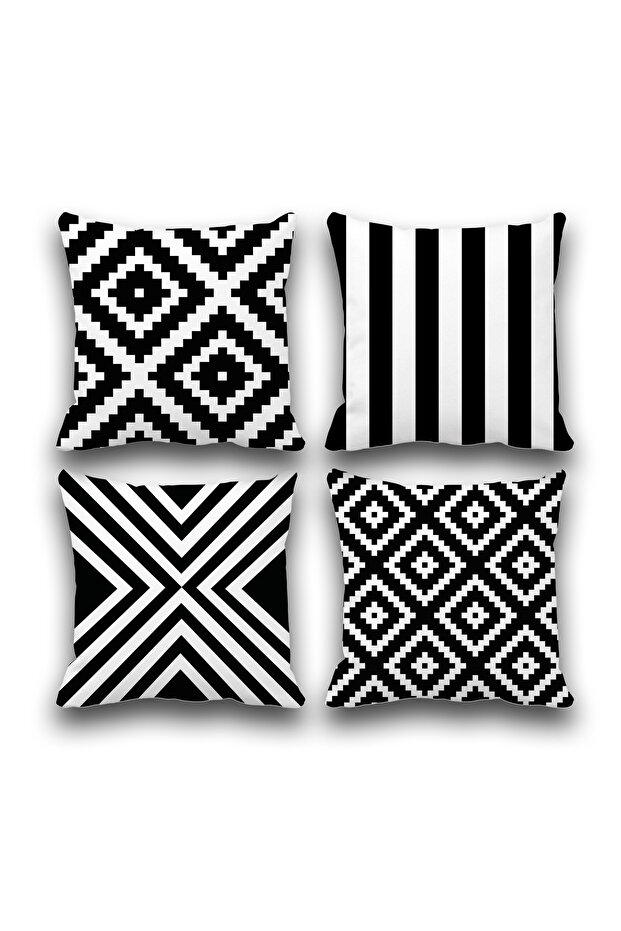 Double Sided Black Geometry Patterned Set of 4 Digital Printed Throw Pillow Cover