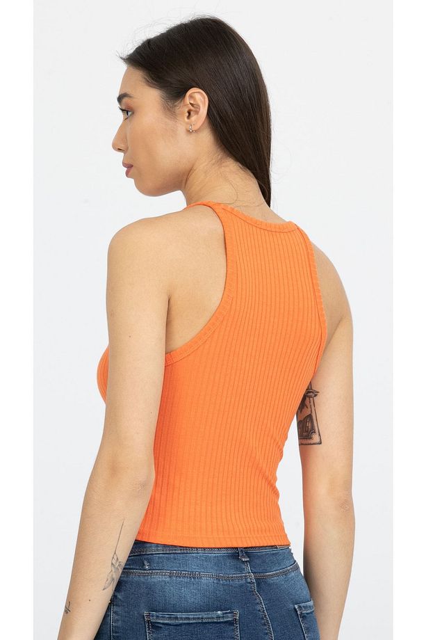 Turuncu Fitilli Halter Yaka Örme Crop Atlet - 5