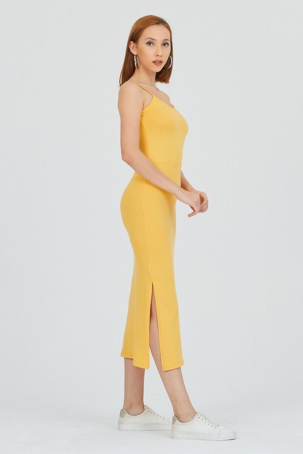 Buğday Rengi Ip Askılı Yırtmaçlı Dar Kalıp Elbise - 3