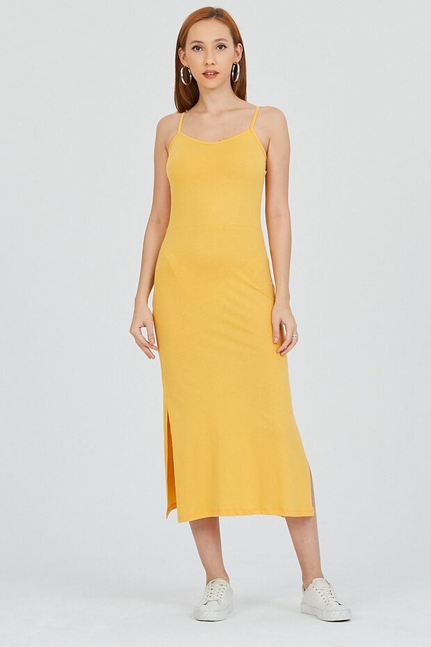 Buğday Rengi Ip Askılı Yırtmaçlı Dar Kalıp Elbise - 1