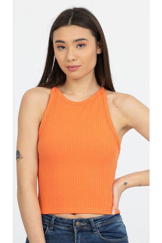 Turuncu Fitilli Halter Yaka Örme Crop Atlet - 3