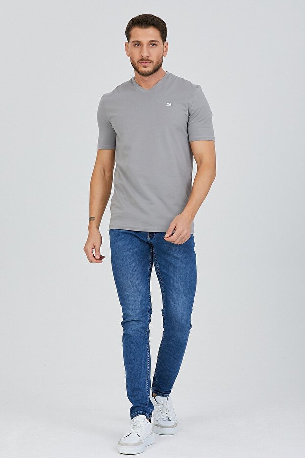 Stone Gray V-Neck Cotton Slim Fit Men's Basic