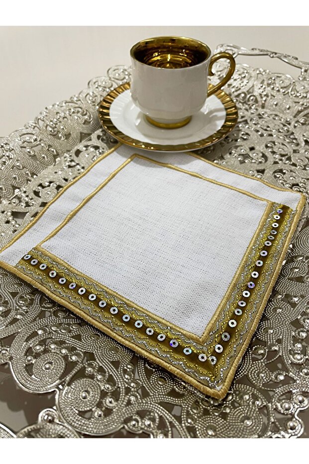 6-Piece Stripe Patterned Embroidered Embroidery Linen Coffee Side Presentation Napkin