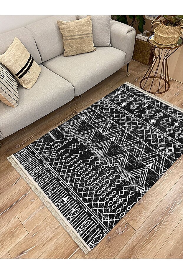 Cotton Series Black and White Scandinavian Authentic Pattern Decorative Woven Base Rug