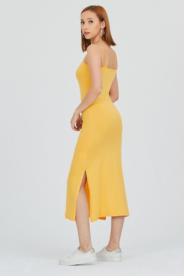 Buğday Rengi Ip Askılı Yırtmaçlı Dar Kalıp Elbise - 4