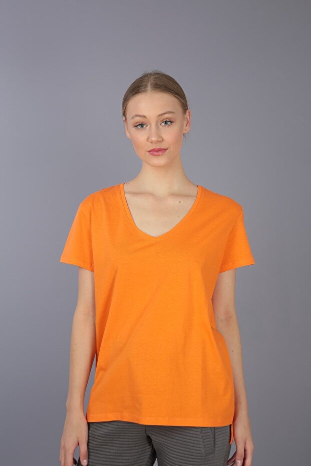 Orange 100% Cotton V-Neck Knitted T-Shirt