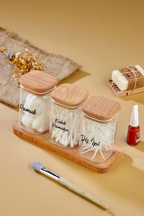 Ahşap Standlı 3'lü Mika Kulak Pamuğu & Pamuk & Makyaj Pamuğu Organizeri 300 Ml Saklama Kutusu - 4