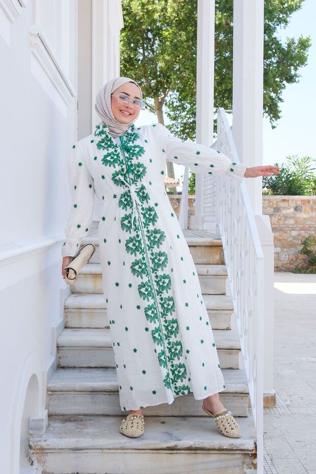 Floral Embroidery Detail Dress Green