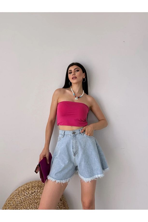 Geniş Paça Püsküllü Denim Şort - 3