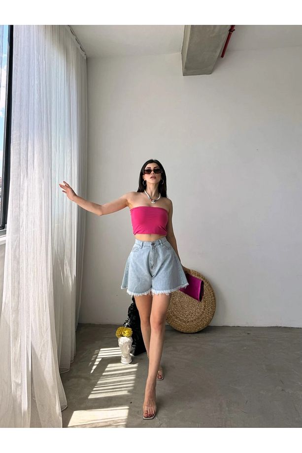 Geniş Paça Püsküllü Denim Şort - 2
