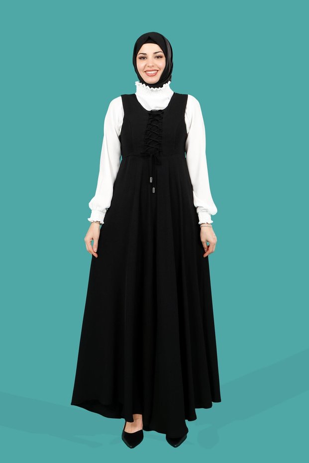 Black Sleeveless Hijab Dress and Blouse Set - Lace Detailed 4118